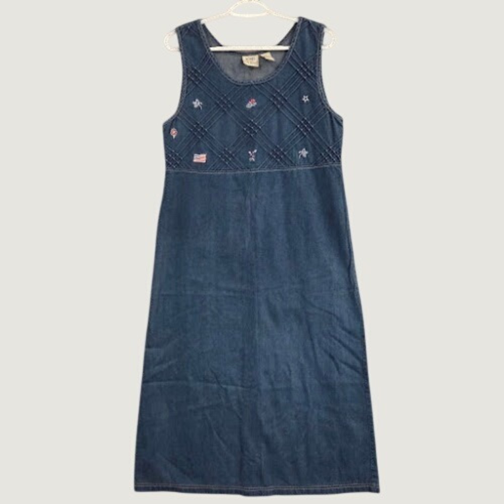 Koret City Blues Dress Small Petite SP Blue Denim Americana Embroidered Midi 90s